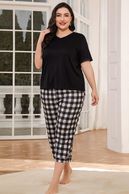 V-Neck Tee and Plaid Cropped Pants Lounge Set-Teresa&#39;s Fashionista LLC