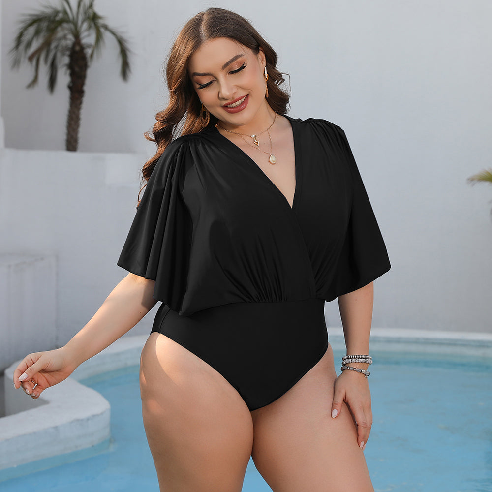 Plus Size Ruched Surplice Neck One-Piece Swimsuit-Teresa&#39;s Fashionista LLC