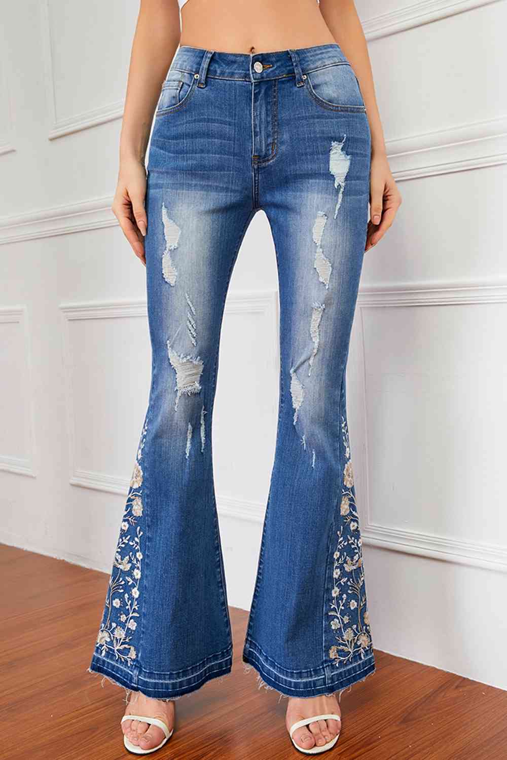 Full Size Flower Embroidery Distressed Jeans-Teresa&#39;s Fashionista LLC