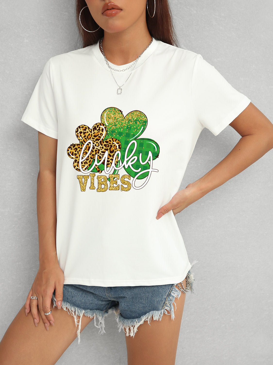 LUCKY VIBES Round Neck Short Sleeve T-Shirt-Teresa&#39;s Fashionista LLC