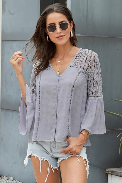 Flare Sleeve Spliced Lace V-Neck Shirt-Teresa&#39;s Fashionista LLC