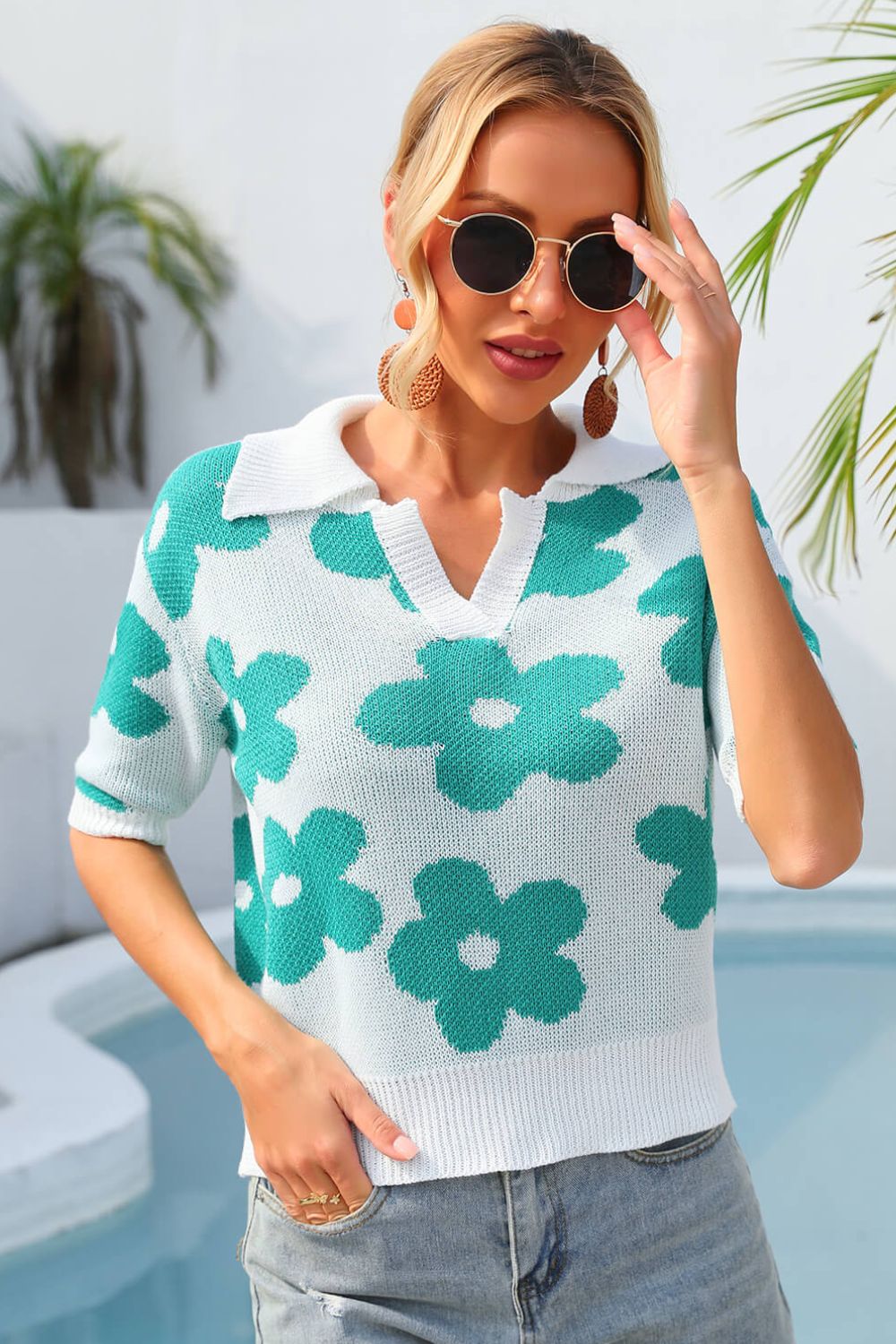 Floral Johnny Collar Half Sleeve Knit Top-Teresa&#39;s Fashionista LLC