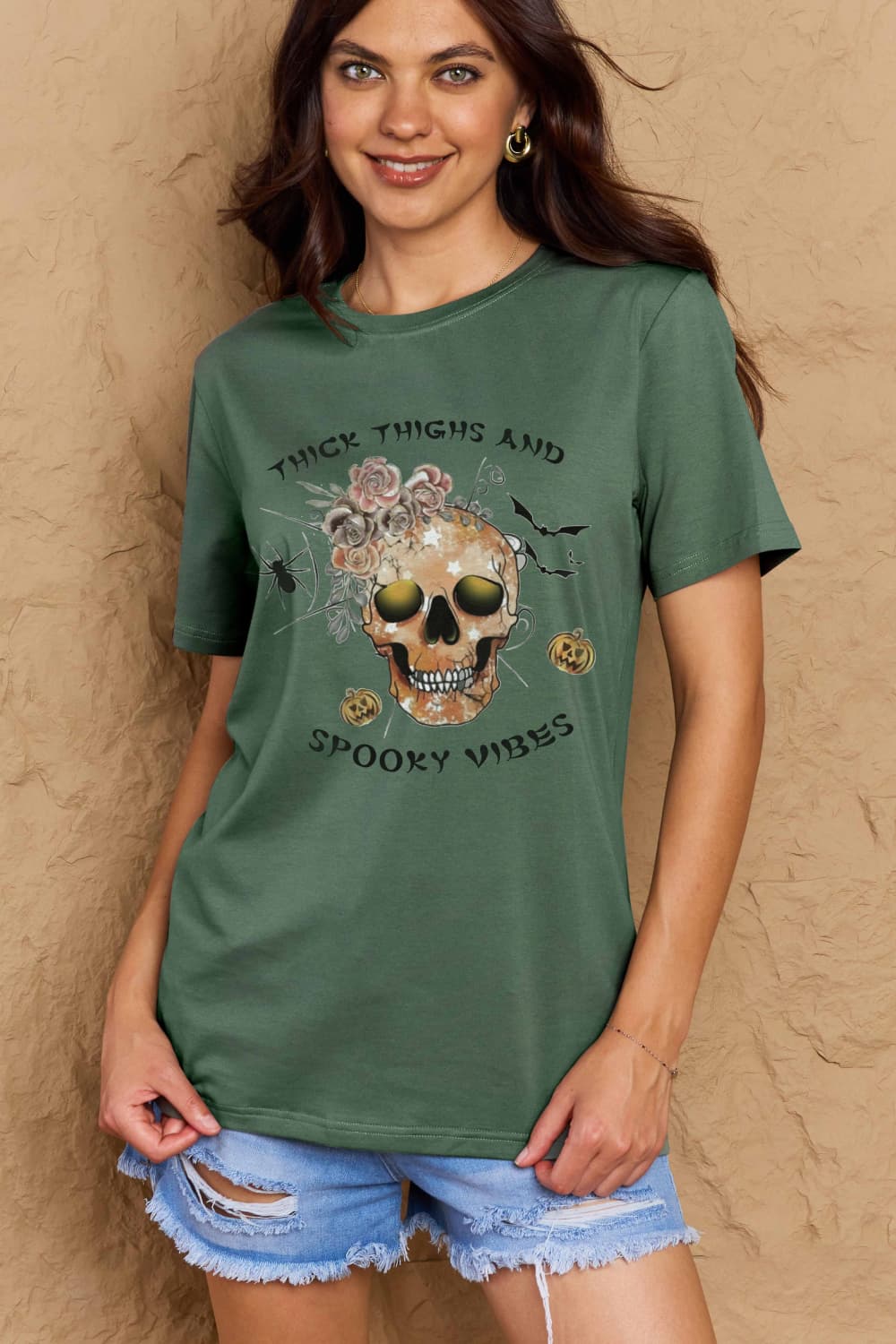 Simply Love Full Size THICK THIGHS AND SPOOKY VIBES Graphic Cotton T-Shirt-Teresa&#39;s Fashionista LLC