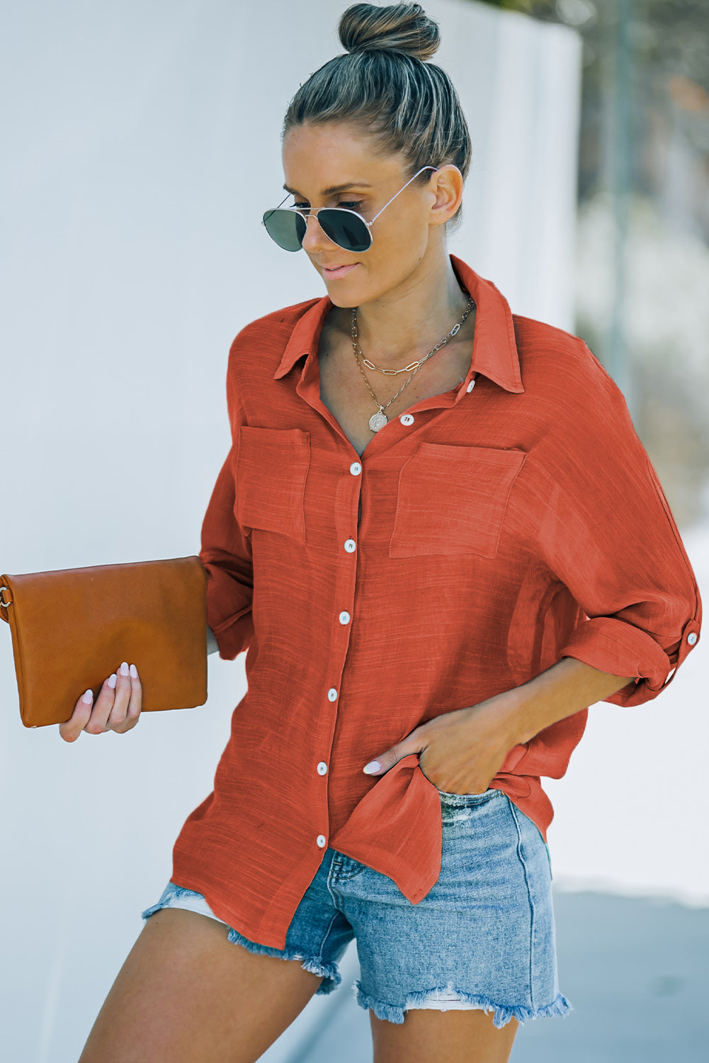 Button-Up Shirt with Breast Pockets-Teresa&#39;s Fashionista LLC