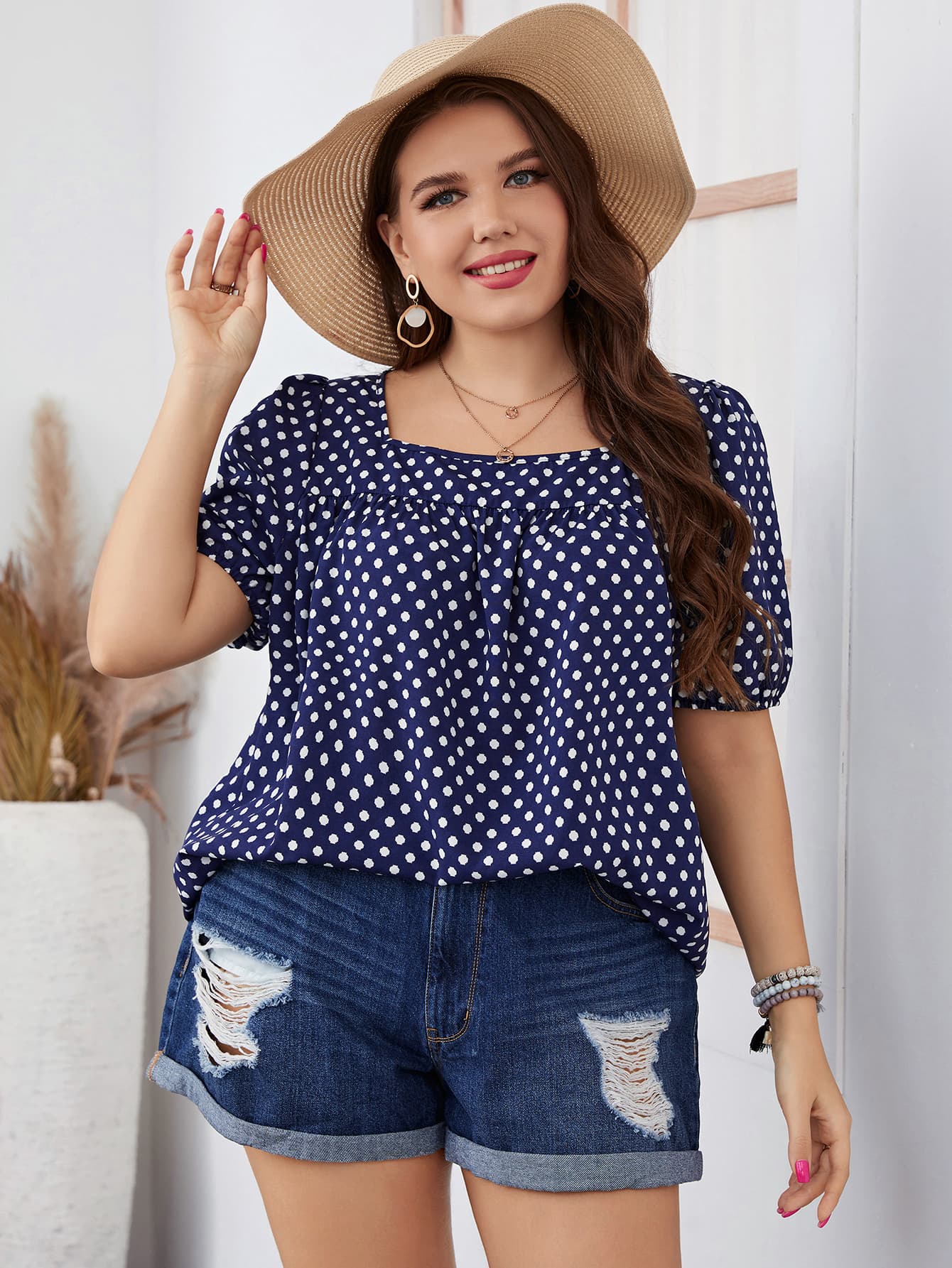 Plus Size Polka Dot Square Neck Blouse-Teresa&#39;s Fashionista LLC