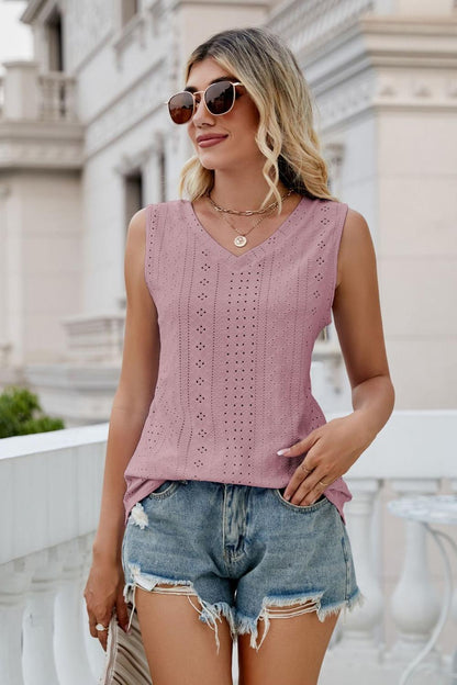 Eyelet V-Neck Tank-Teresa&#39;s Fashionista LLC