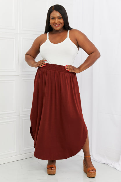 Zenana It's My Time Full Size Side Scoop Scrunch Skirt in Dark Rust-Teresa&#39;s Fashionista LLC