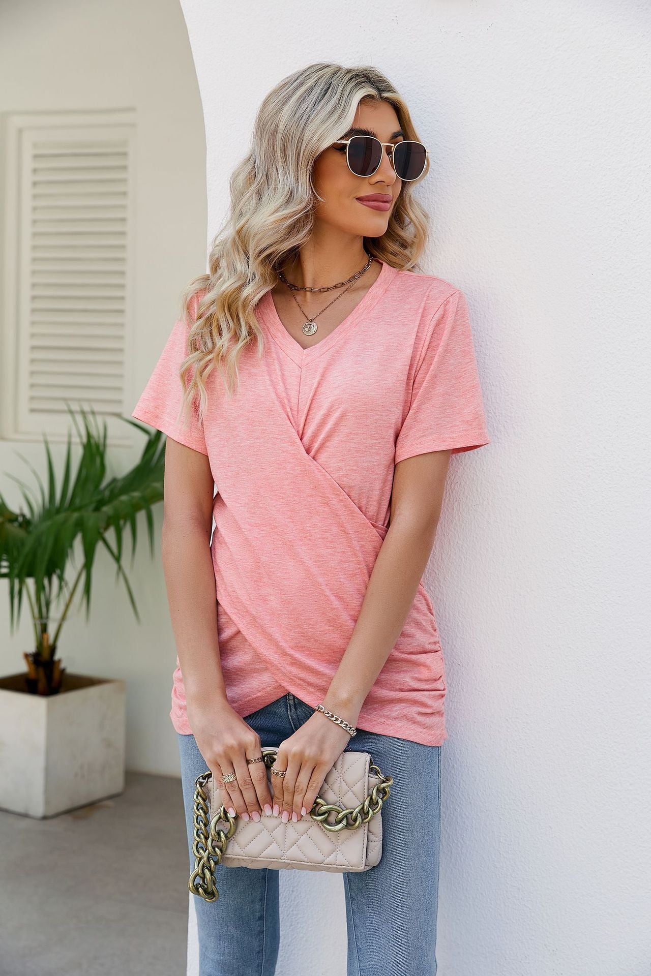 V-Neck Crisscross Short Sleeve Tee-Teresa&#39;s Fashionista LLC