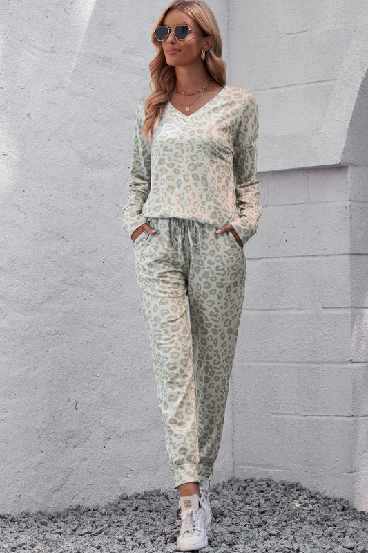 Leopard V-Neck Top and Drawstring Joggers Lounge Set-Teresa&#39;s Fashionista LLC