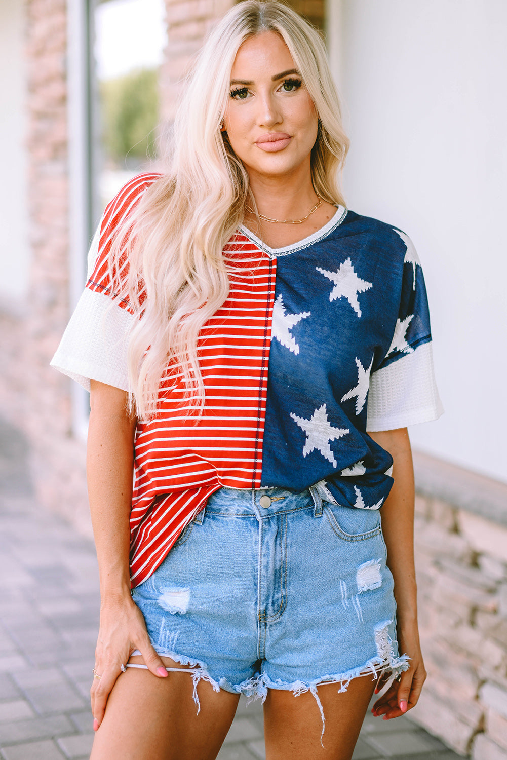 Star and Stripe V-Neck Top-Teresa&#39;s Fashionista LLC