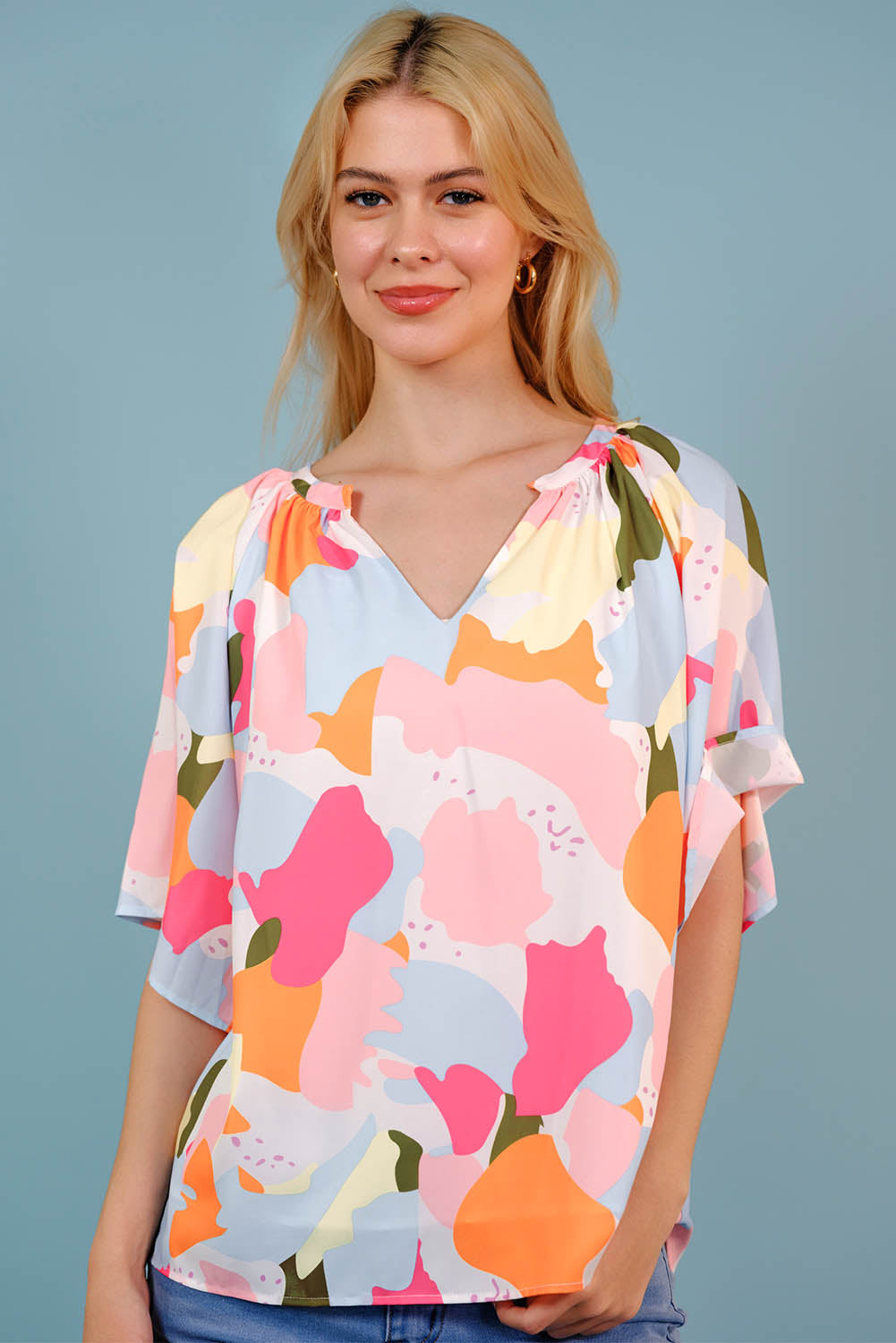 Printed Notched Neck Half Sleeve Blouse-Teresa&#39;s Fashionista LLC