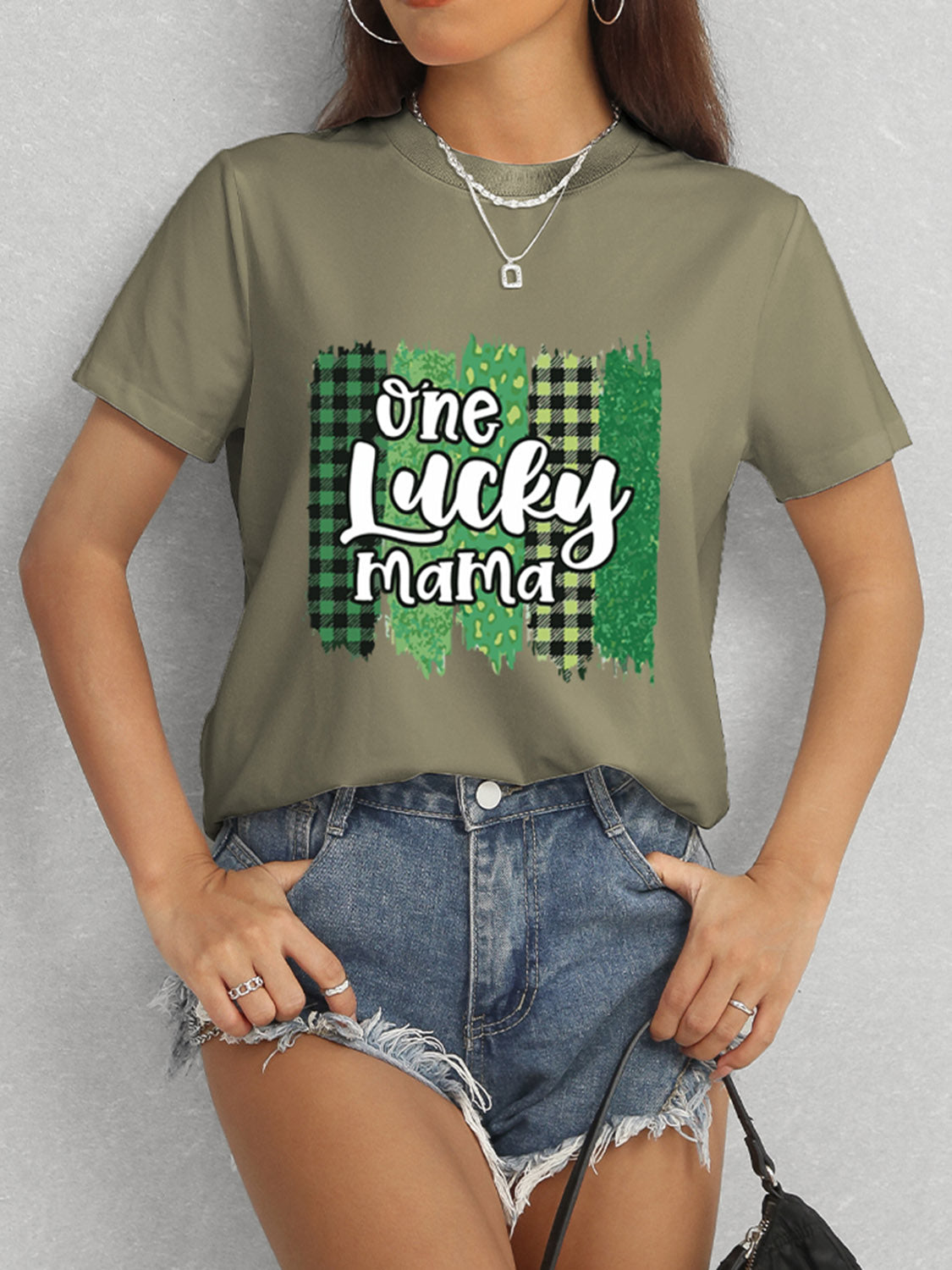 ONE LUCKY MAMA Round Neck T-Shirt-Teresa&#39;s Fashionista LLC