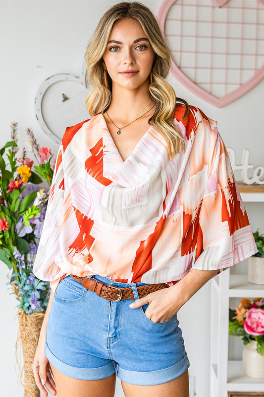 Printed Cowl Neck Half Sleeve Blouse-Teresa&#39;s Fashionista LLC