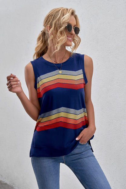 Printed Side Slit Round Neck Tank-Teresa&#39;s Fashionista LLC