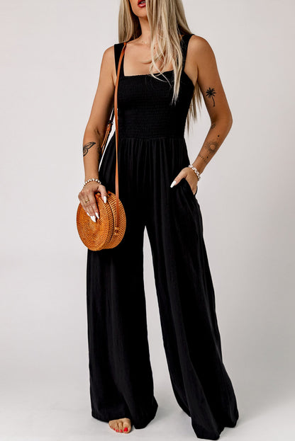 Smocked Square Neck Wide Leg Jumpsuit with Pockets-Teresa&#39;s Fashionista LLC