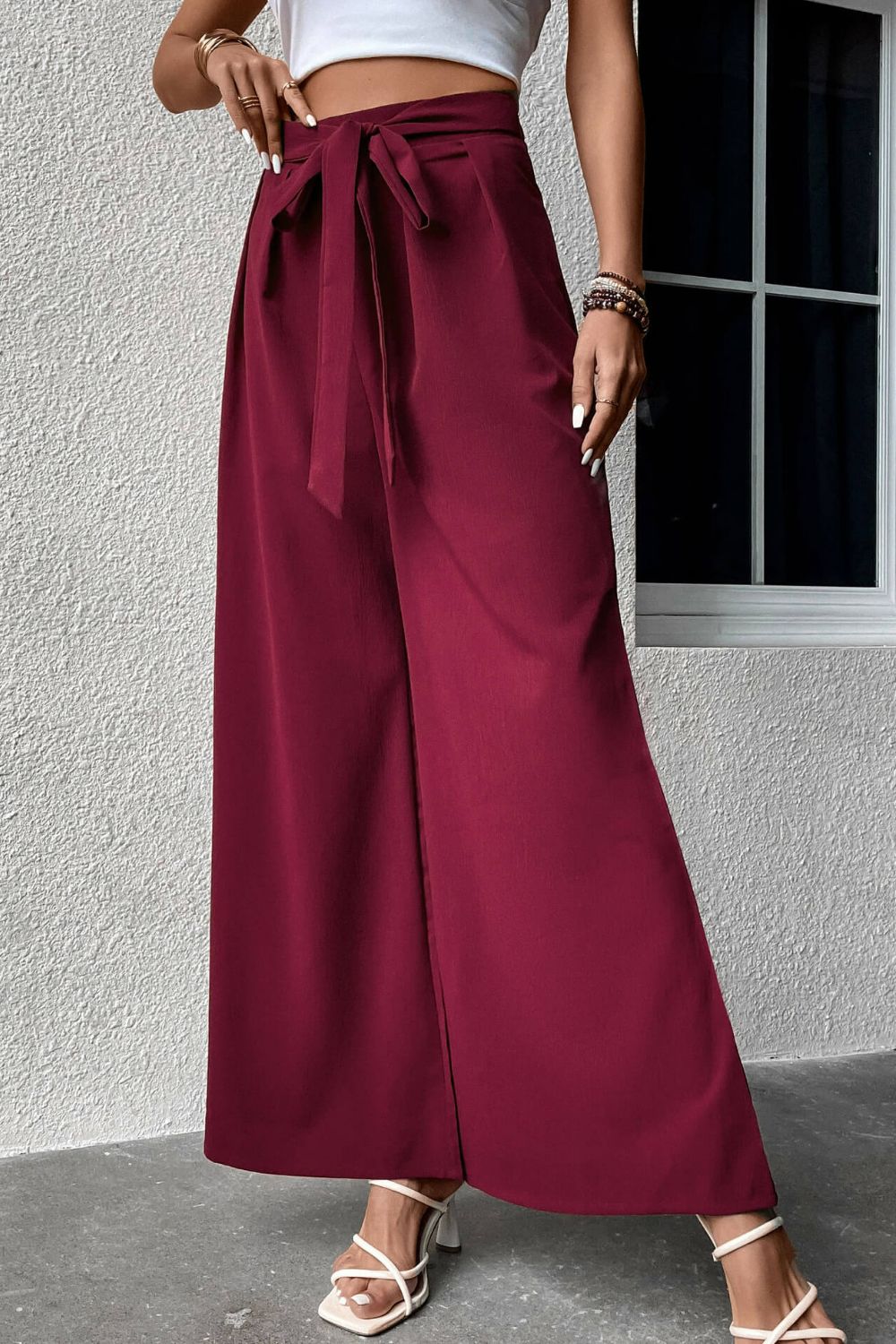 Tie Front Wide Leg Pants-Teresa&#39;s Fashionista LLC