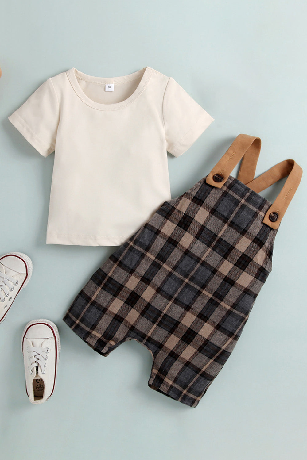 Baby Round Neck Tee and Plaid Overalls Set-Teresa&#39;s Fashionista LLC