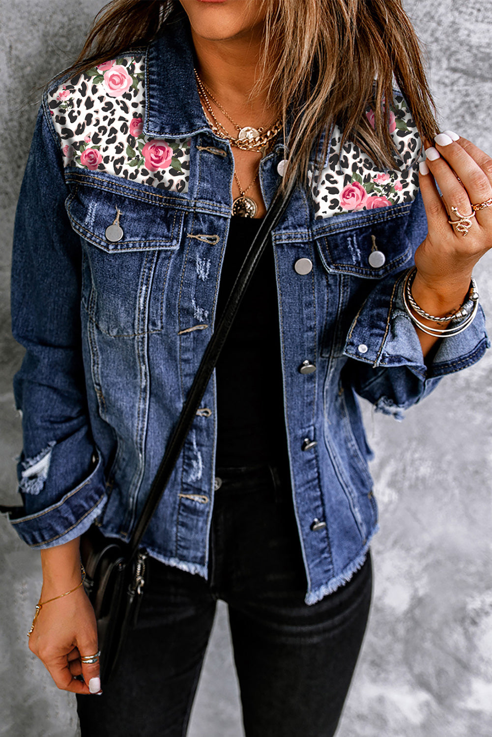 Mixed Print Distressed Button Front Denim Jacket-Teresa&#39;s Fashionista LLC