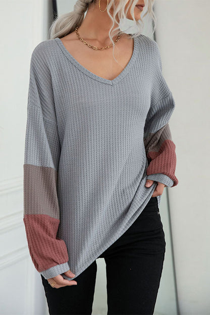 Color Block Sleeve Waffle Knit Tee-Teresa&#39;s Fashionista LLC