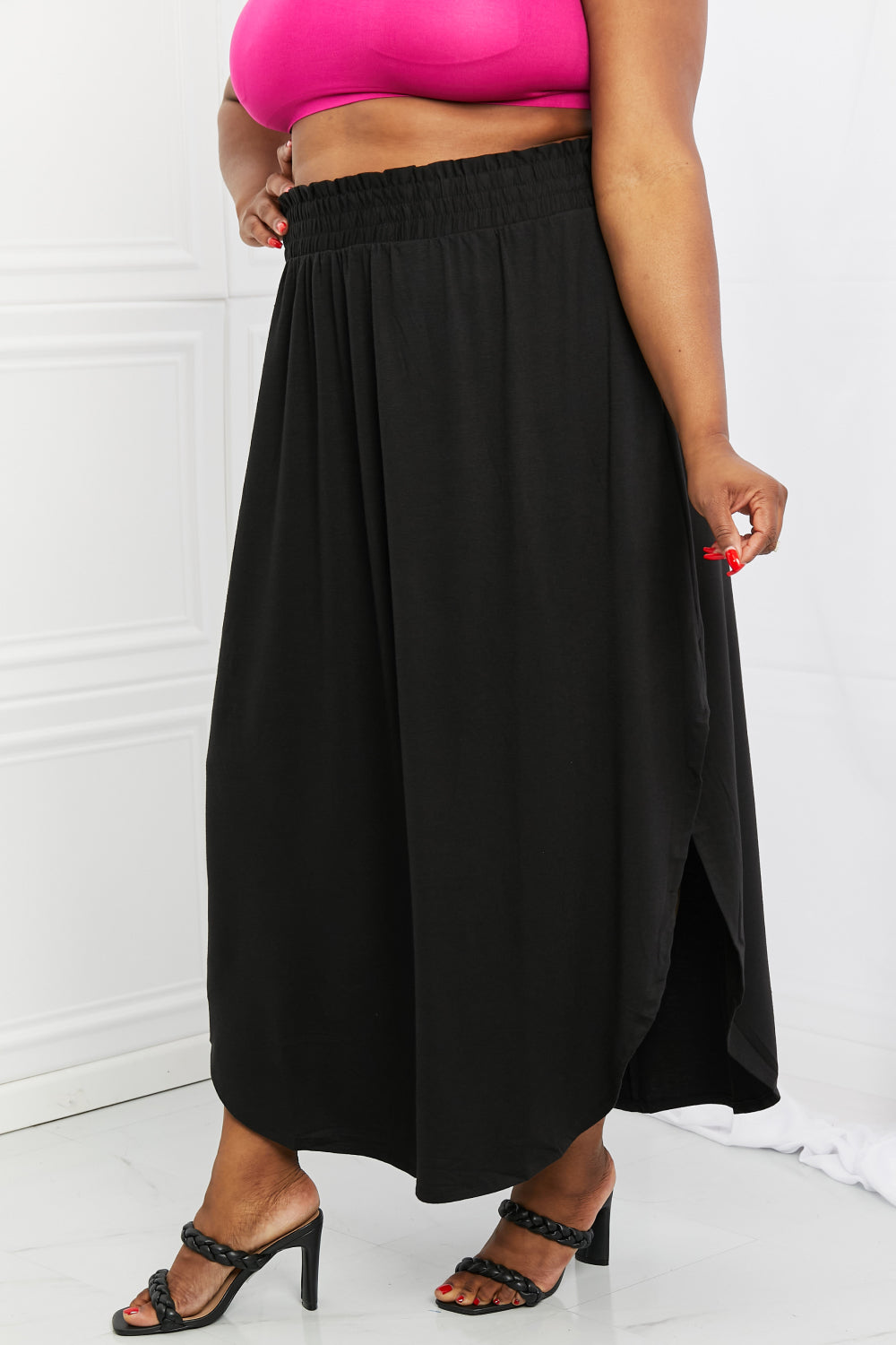 Zenana It's My Time Full Size Side Scoop Scrunch Skirt in Black-Teresa&#39;s Fashionista LLC