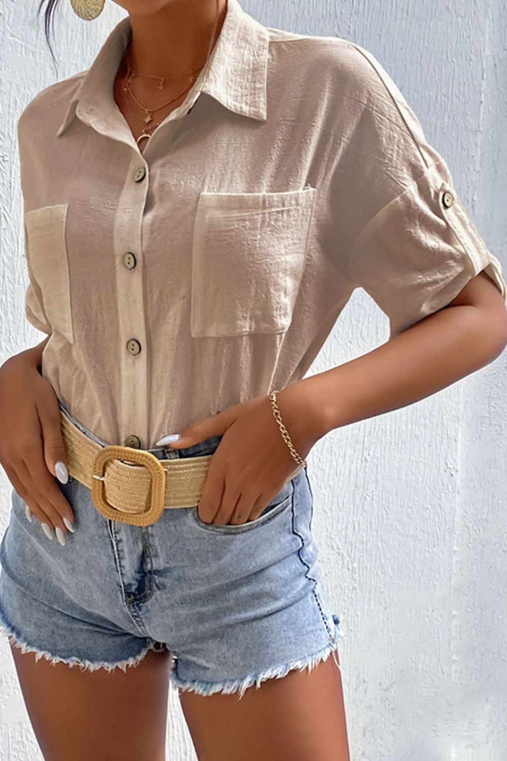 Roll-Tab Sleeve Shirt with Pockets-Teresa&#39;s Fashionista LLC