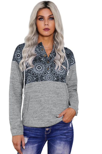 Retro Floral Contrast Panel Hoodie-Teresa&#39;s Fashionista LLC