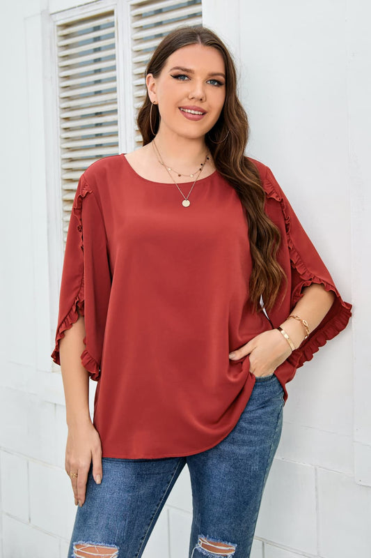 Plus Size Round Neck Frill Trim Blouse-Teresa&#39;s Fashionista LLC