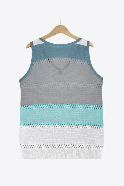 Striped Openwork V-Neck Knit Tank-Teresa&#39;s Fashionista LLC