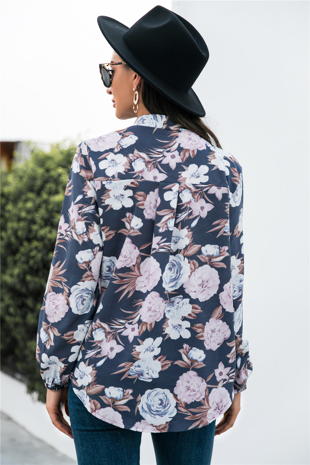 Floral Print Mock Neck Button Front Shirt-Teresa&#39;s Fashionista LLC