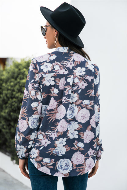 Floral Print Mock Neck Button Front Shirt-Teresa&#39;s Fashionista LLC