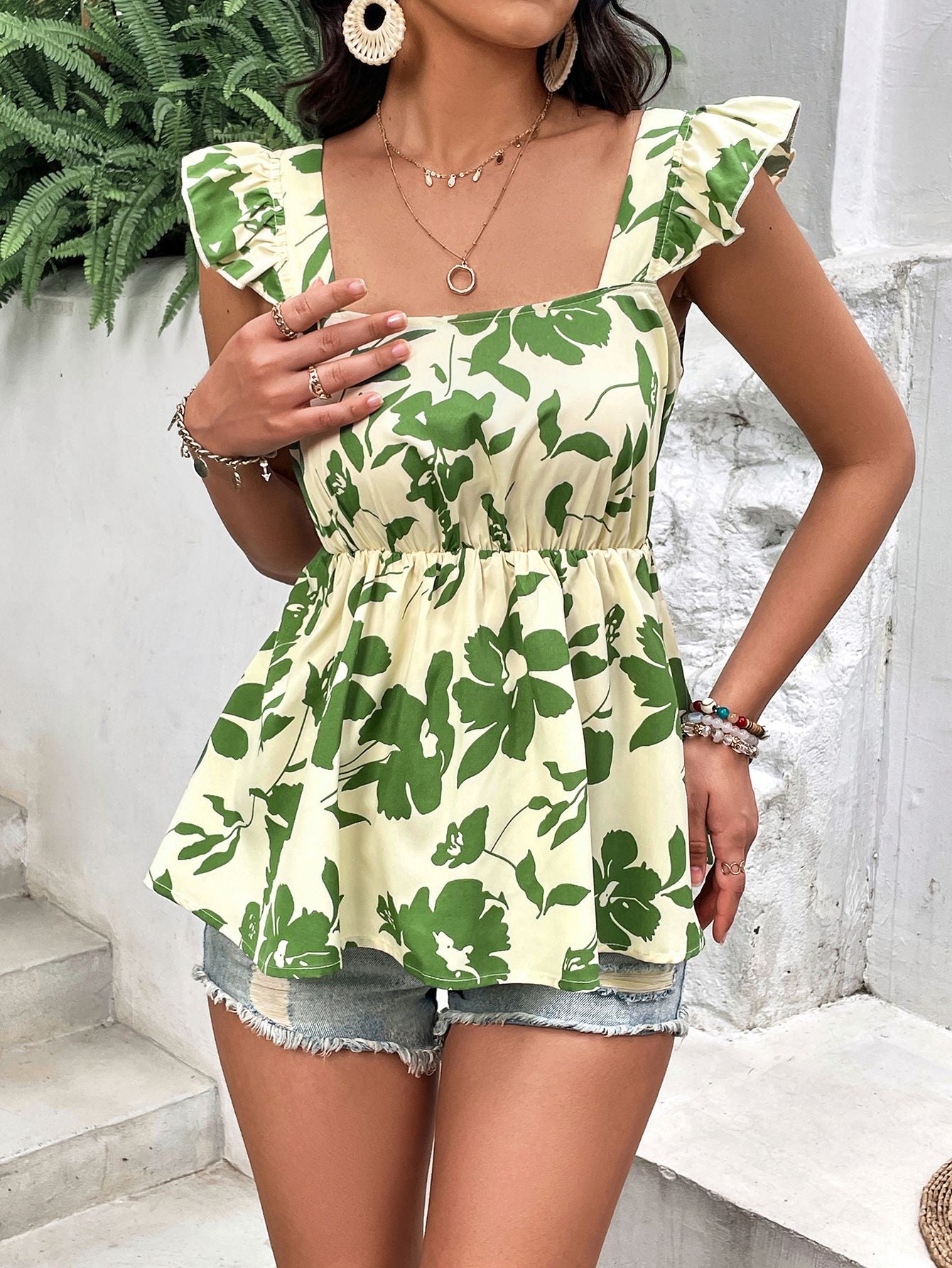 Tied Cutout Square Neck Butterfly Sleeve Babydoll Blouse-Teresa&#39;s Fashionista LLC