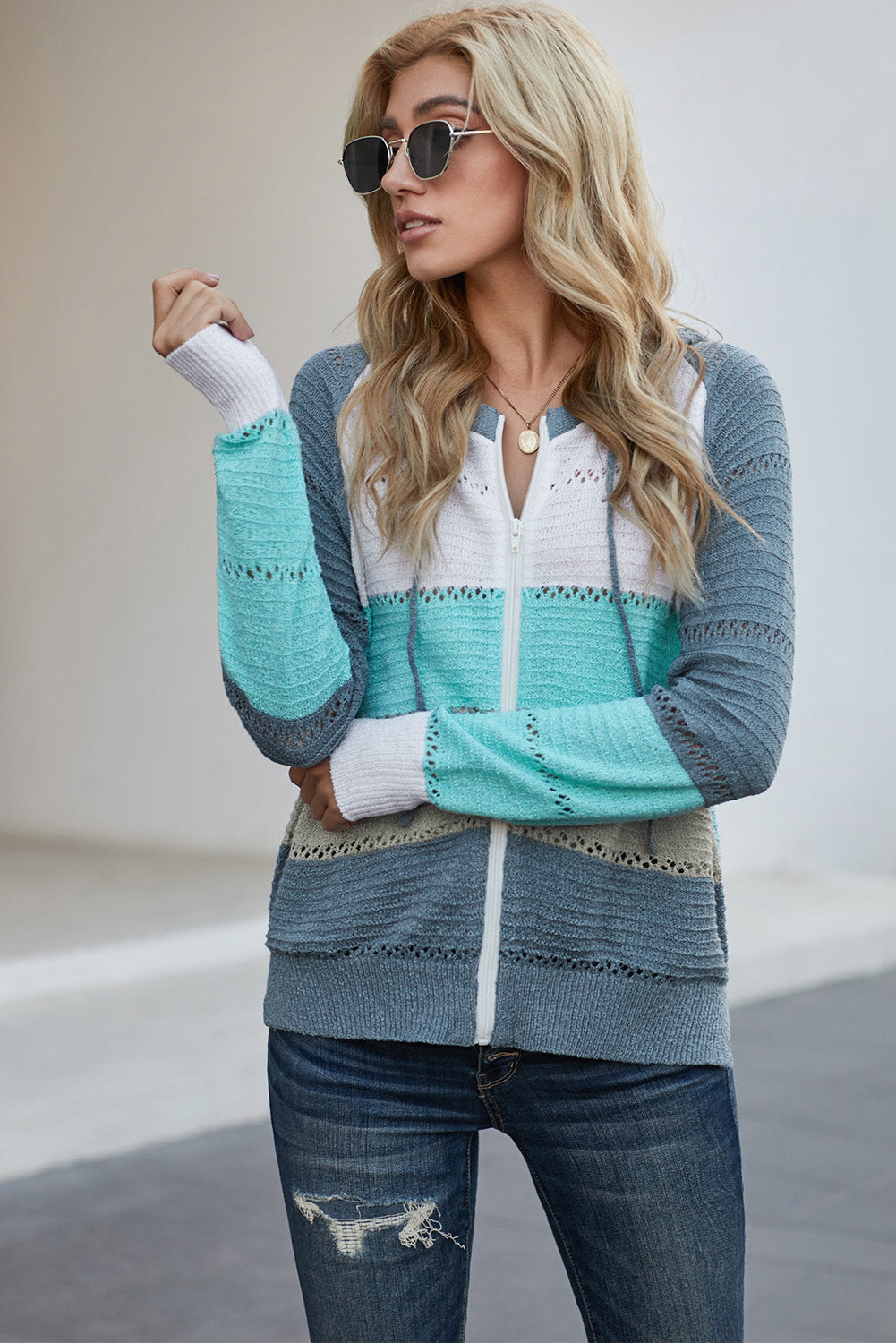 Zip-Up Raglan Sleeve Openwork Hooded Cardigan-Teresa&#39;s Fashionista LLC