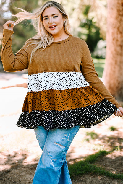 Plus Size Animal Print Color Block Ribbed Babydoll Top-Teresa&#39;s Fashionista LLC