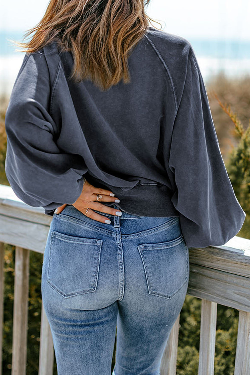 Quarter-Snap Collared Lantern Sleeve Sweatshirt-Teresa&#39;s Fashionista LLC