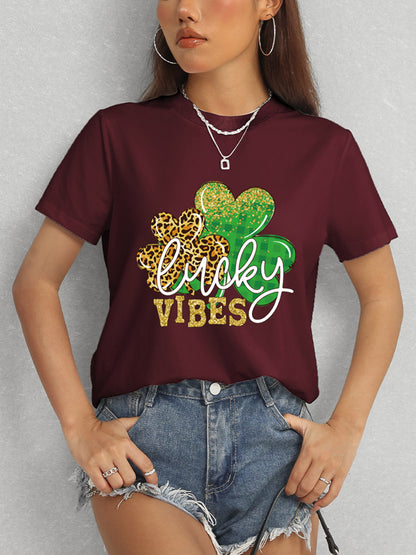 LUCKY VIBES Round Neck Short Sleeve T-Shirt-Teresa&#39;s Fashionista LLC