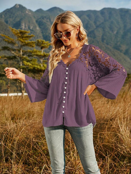 Spliced Lace Buttoned Blouse-Teresa&#39;s Fashionista LLC