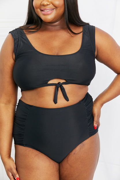 Marina West Swim Sanibel Crop Swim Top and Ruched Bottoms Set in Black-Teresa&#39;s Fashionista LLC