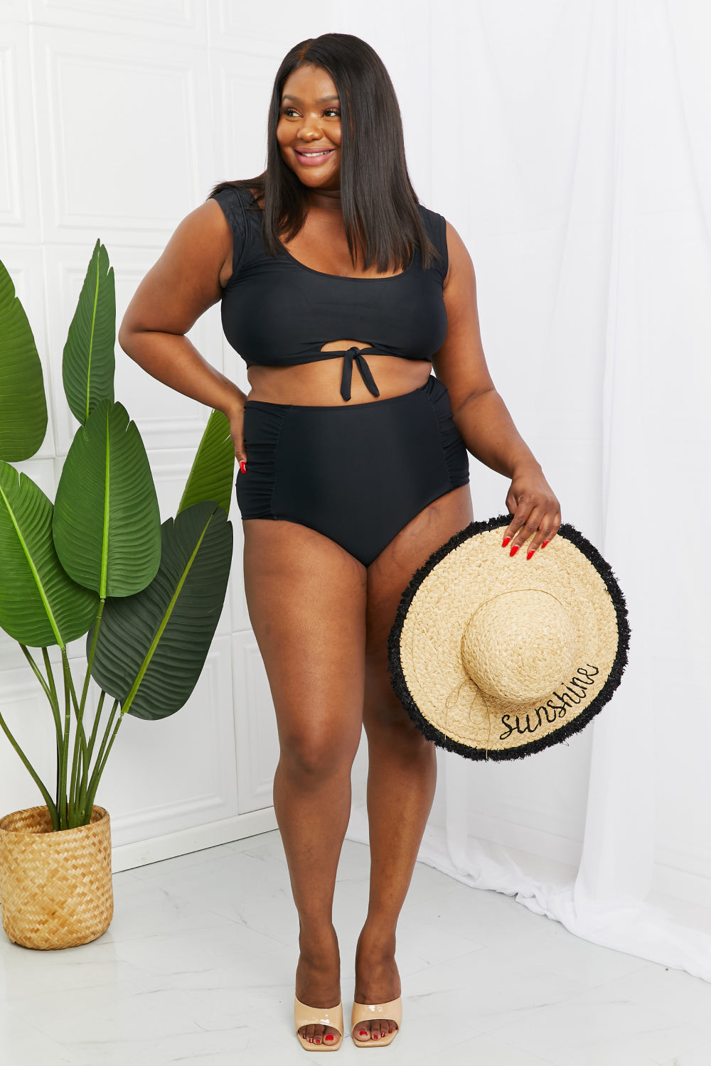 Marina West Swim Sanibel Crop Swim Top and Ruched Bottoms Set in Black-Teresa&#39;s Fashionista LLC