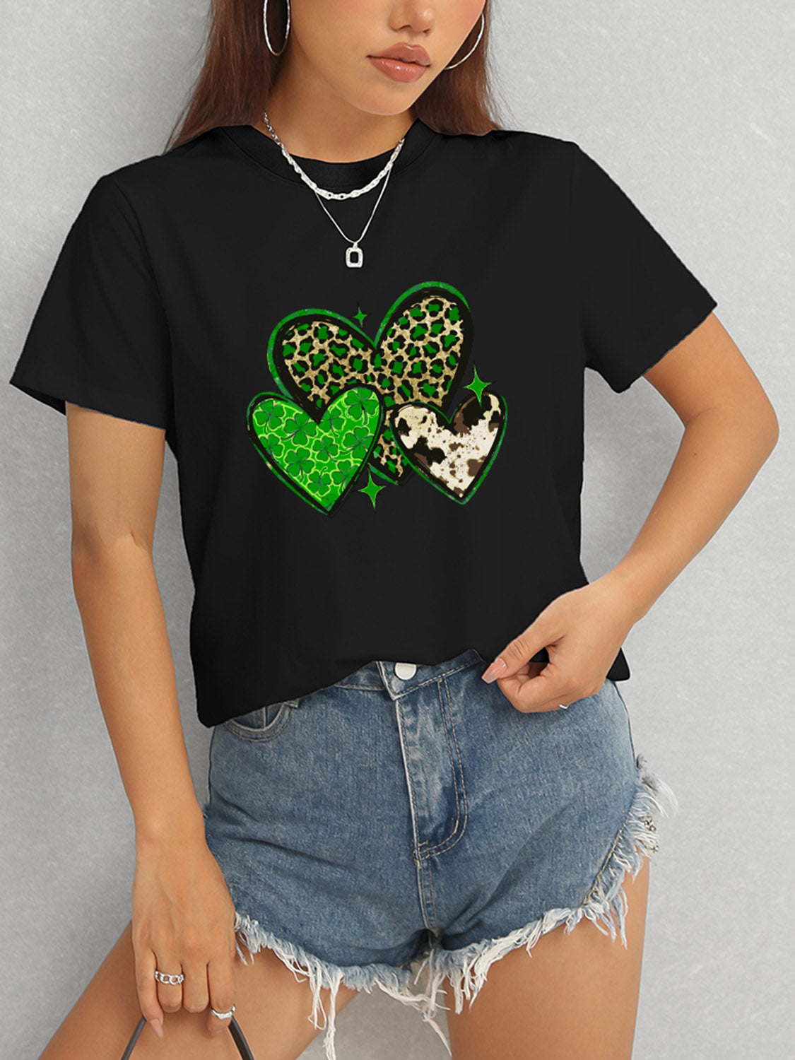 Heart Round Neck Short Sleeve T-Shirt-Teresa&#39;s Fashionista LLC