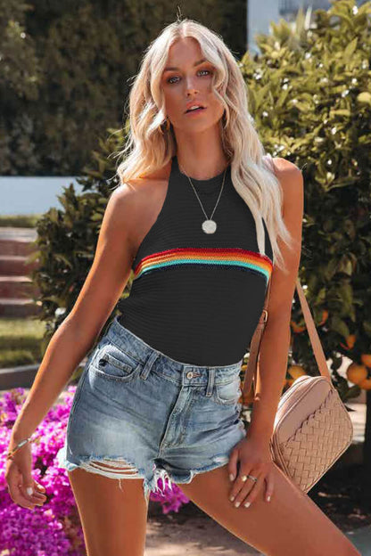 Rainbow Stripe Halter Neck Knit Tank-Teresa&#39;s Fashionista LLC