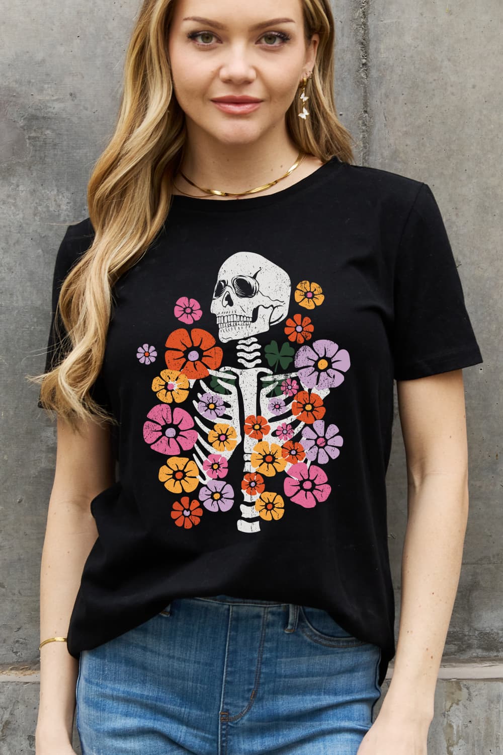 Simply Love Simply Love Full Size Skeleton & Flower Graphic Cotton Tee-Teresa&#39;s Fashionista LLC