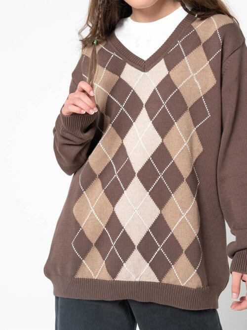 Geometric V-Neck Long Sleeve Sweater-Teresa&#39;s Fashionista LLC