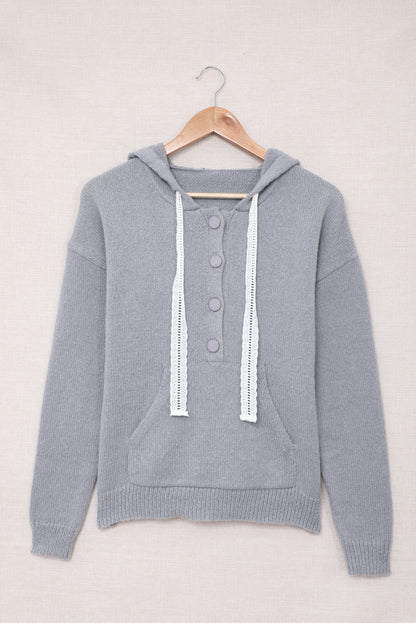 Lace Trim Half-Button Drawstring Knit Hoodie-Teresa&#39;s Fashionista LLC