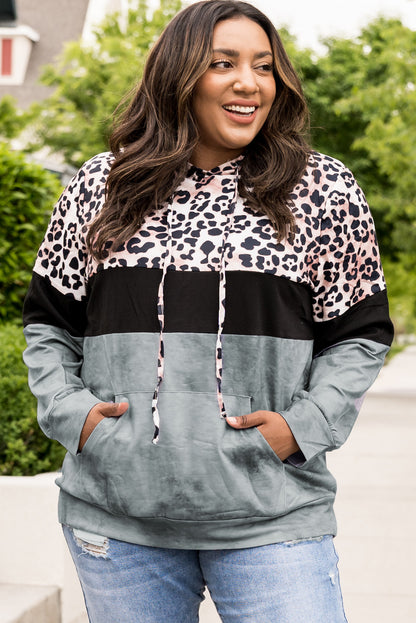 Plus Size Leopard Print Color Block Hoodie with Kangaroo Pocket-Teresa&#39;s Fashionista LLC