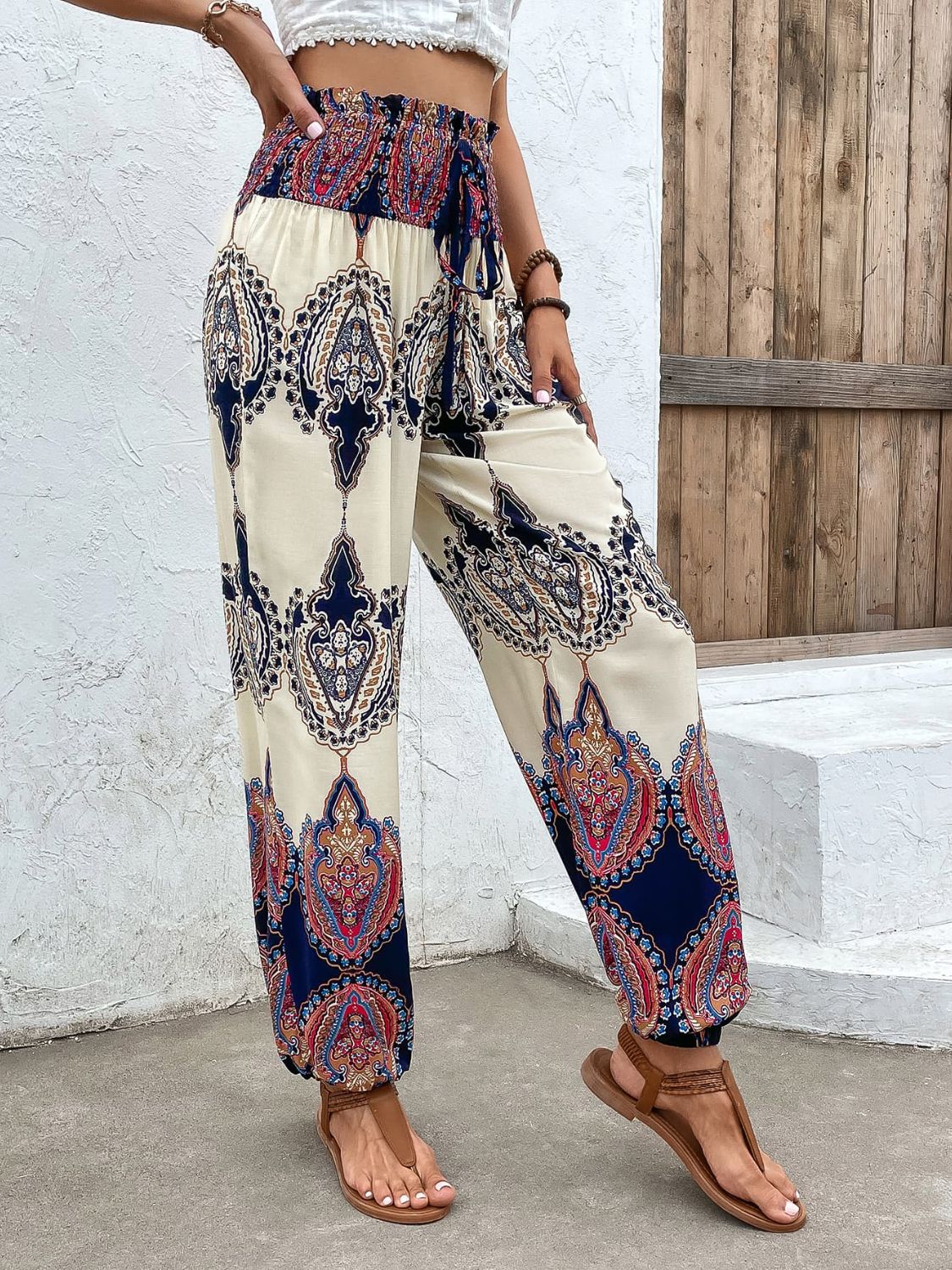 Printed Smocked High Waist Pants-Teresa&#39;s Fashionista LLC