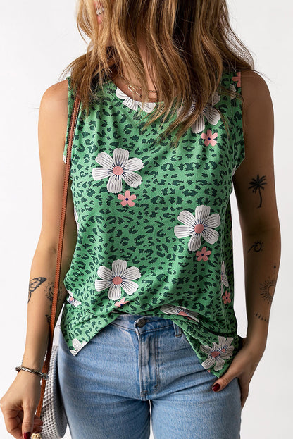 Printed Side Slit Round Neck Tank-Teresa&#39;s Fashionista LLC