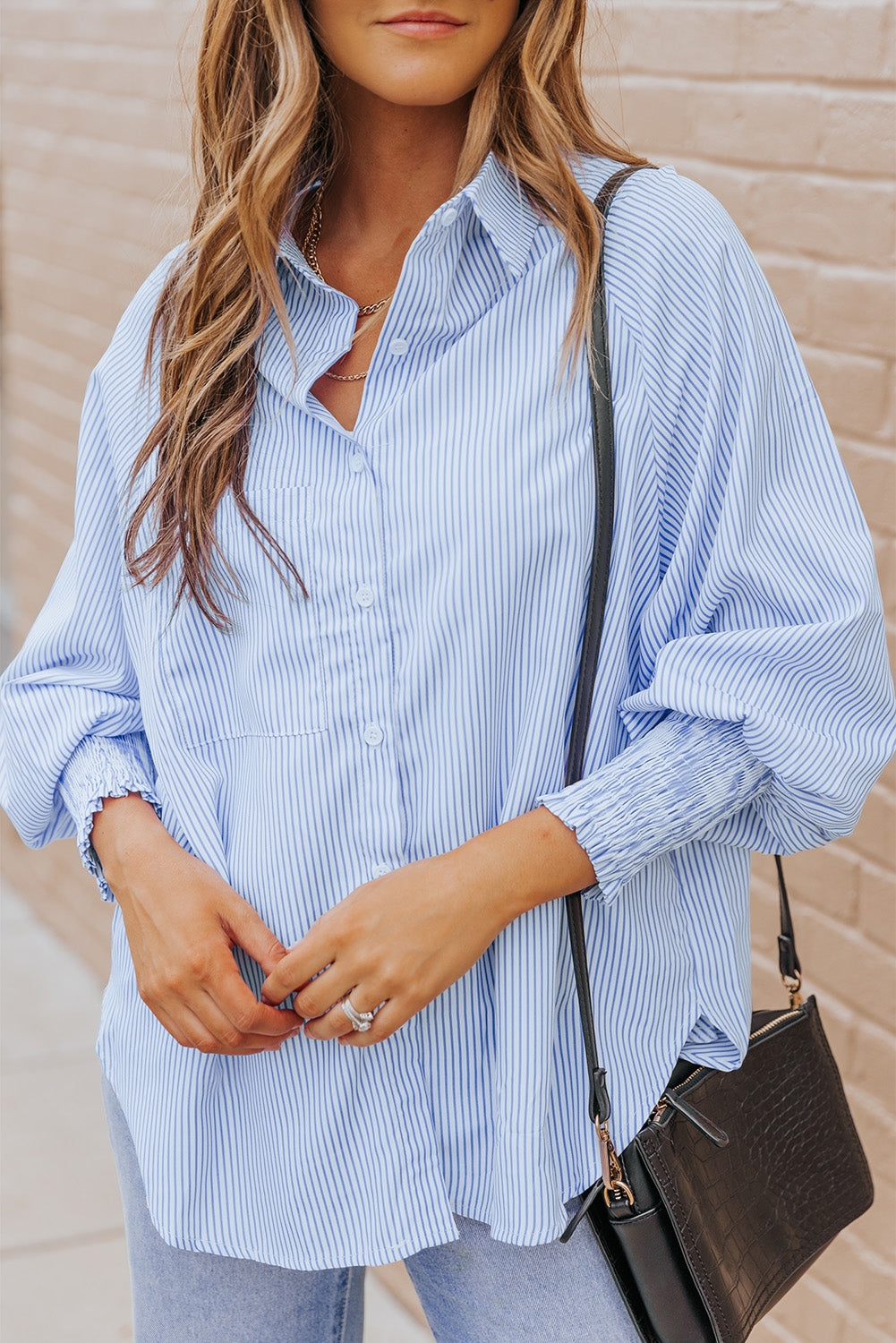 Striped Lantern Sleeve Collared Shirt-Teresa&#39;s Fashionista LLC