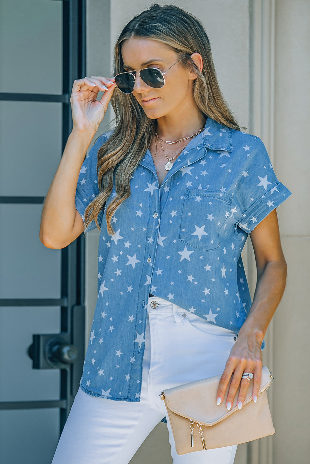 Star Print Button-Up Cuffed Short Sleeve Shirt-Teresa&#39;s Fashionista LLC