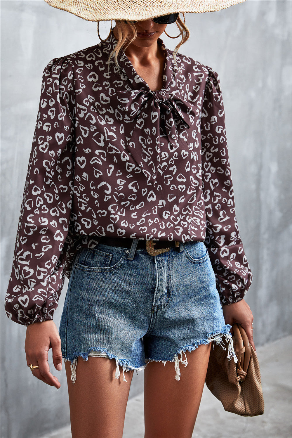 Printed Tie Neck Puff Sleeve Blouse-Teresa&#39;s Fashionista LLC