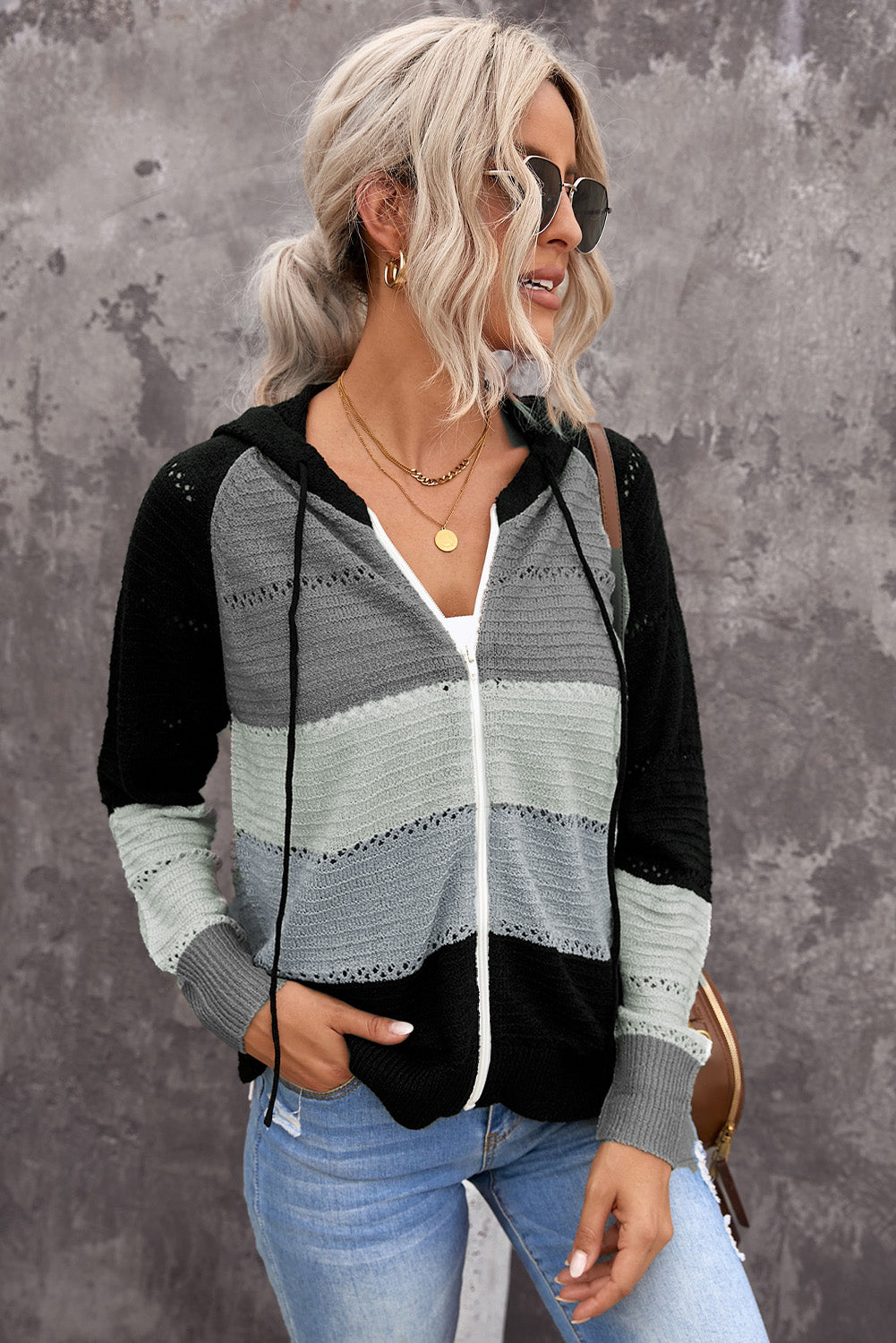 Zip-Up Raglan Sleeve Openwork Hooded Cardigan-Teresa&#39;s Fashionista LLC